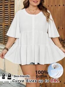 SHEIN CURVE+ Curve 尺码 US22 音乐节、海滨度假、波西米亚风女士白色休闲度假纯棉喇叭袖荷叶边下摆罩衫衬衫 白色上衣 女士加大码服装 - 白色 - 查看 7