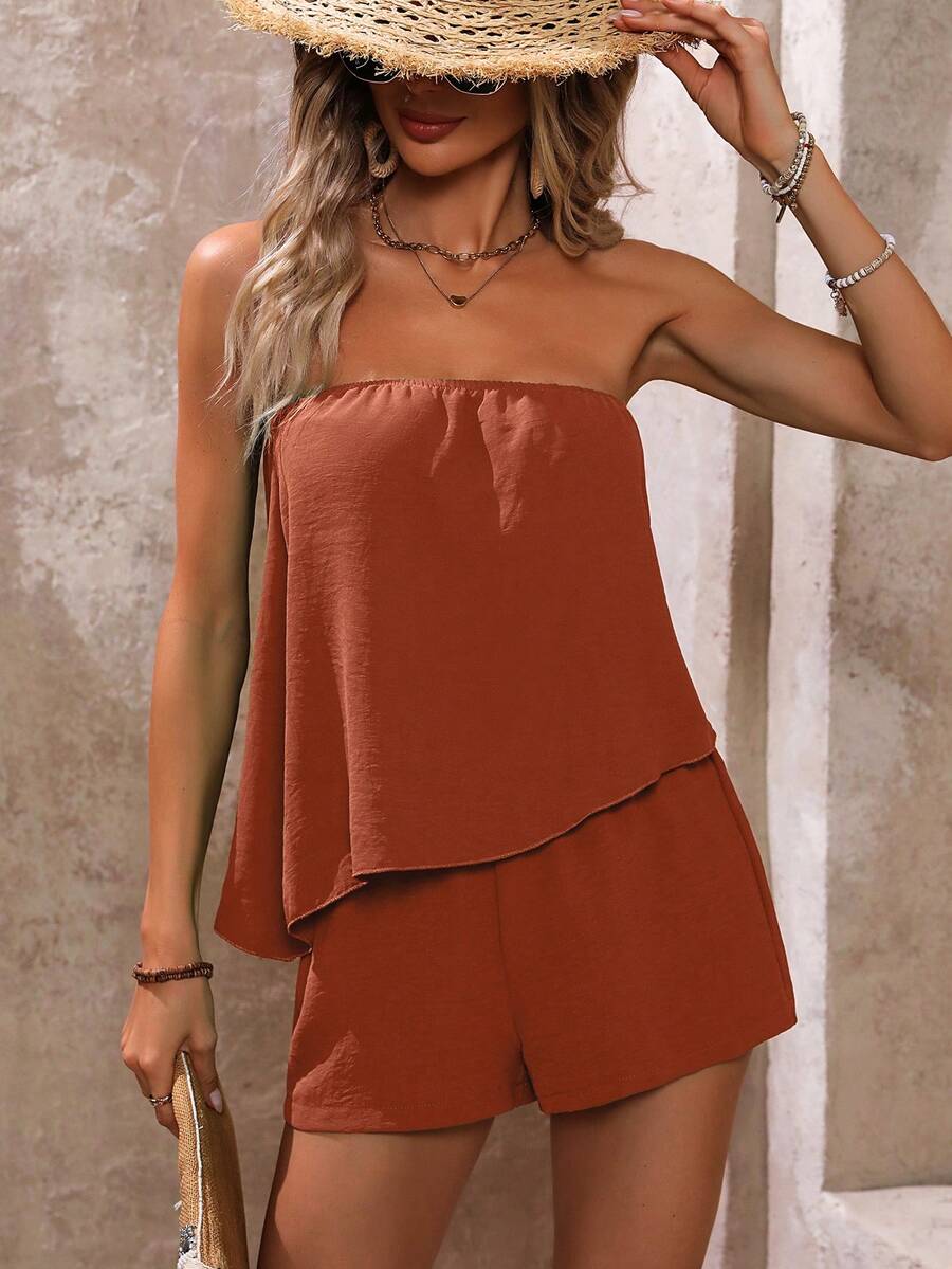 Breezaya Bộ đồ 2 món dành cho nữ, gồm áo quây và quần short màu trơn, thích hợp cho kỳ nghỉ. - Đỏ - Xem 1