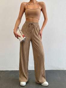 Cottnline Tall Women's Solid Color Long Waist Drawstring Pants - Mocha Brown - View 3
