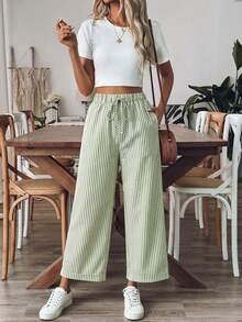 Breezaya Women's Tie Waist Striped Wide Leg Loose Pants - Green - View 7