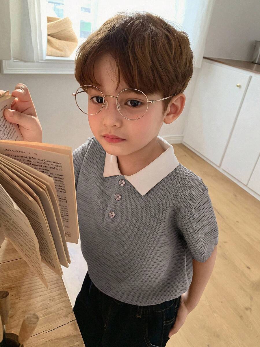 DAZY Young Boy Colorblock Polo Collar Short Sleeve Casual Sweater Summer - Grey - View 1