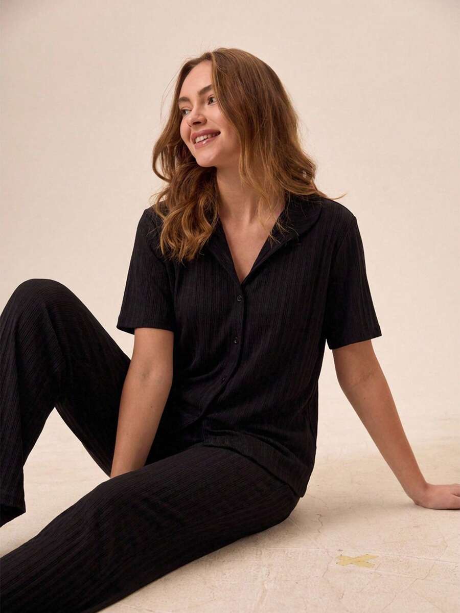 EURMUSE Women 2 Pcs Button Front Detail Short Sleeve Shirt And Long Bottoms Homewear Set - Black - View 1