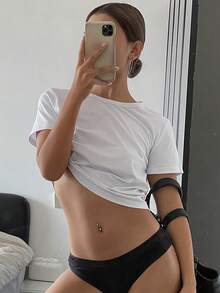 Dazy Tall 高个女款加长袖圆领休闲套头T恤短款上衣 - 白色 - 查看 6