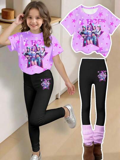 2026春夏新款时尚少女两件套，休闲时尚春夏T恤套装，卡通印花，紫色星星图案T恤搭配黑色紧身打底裤，舒适时尚的休闲套装