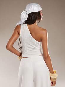 Normani 女士纯色褶皱不对称领无袖上衣 - 米色 - 查看 2