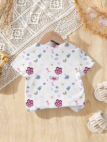 Áo thun ngắn tay cổ tròn in hình trái tim và hoa tối giản cho bé gái, thích hợp mặc vào mùa xuân, hè và thu. - Nhiều màu - Xem 2