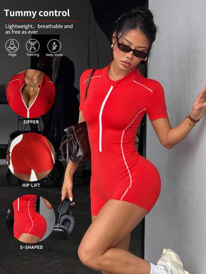 SHEIN Core Rhythm Women's Spring/Summer Dopamine Red Collared Short Sleeve Jumpsuit With Contrast Taping And Trim, Fashionable And Versatile For Daily Casual Wear, Running, Yoga, Gym, Tennis, Golf, Cycling