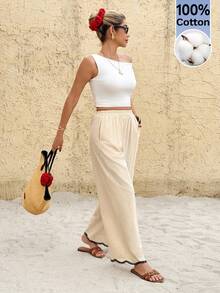 SHEIN Frenchy 女士休闲纯色简约口袋裤 - 杏色 - 查看 4