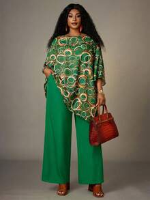 EMERY ROSE Plus Size Fashion Commuter All-Over Print Batwing Sleeve Top And Pants 2 Pieces Set Summer Outfits Summer Clothes Spring Dress Spring Outfit Women Spring Clothing Beach Vacation Outfits For Women  Women's Summer Set - Green - View 1