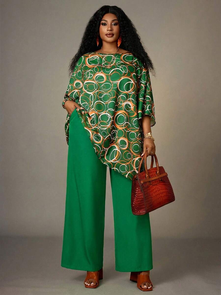 EMERY ROSE Plus Size Fashion Commuter All-Over Print Batwing Sleeve Top And Pants 2 Pieces Set Summer Outfits Summer Clothes Spring Dress Spring Outfit Women Spring Clothing Beach Vacation Outfits For Women  Women's Summer Set - Green - View 1