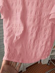 Teen Girls Pink Textured Woven Blouse,Round Neck,Ruched Ruffled Trim Flutter Sleeves,Cute Summer Party Casual French Elegant Back To School Tops - Pink - View 6