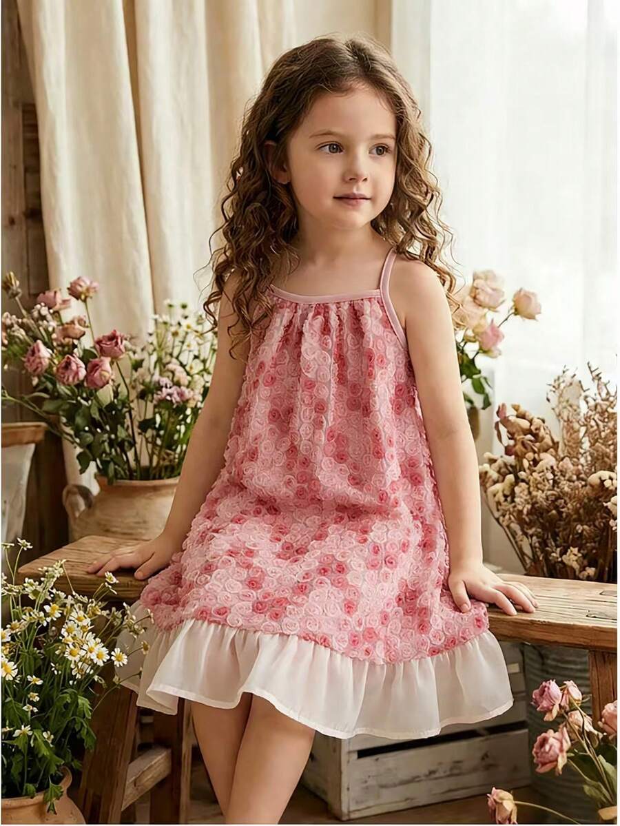 SHEIN Elladie kids 女童梭织网纱刺绣百合花缎面荷叶边吊带连衣裙,适合夏季日常穿着、外出、旅行、度假和聚会。 - 粉色 - 查看 1