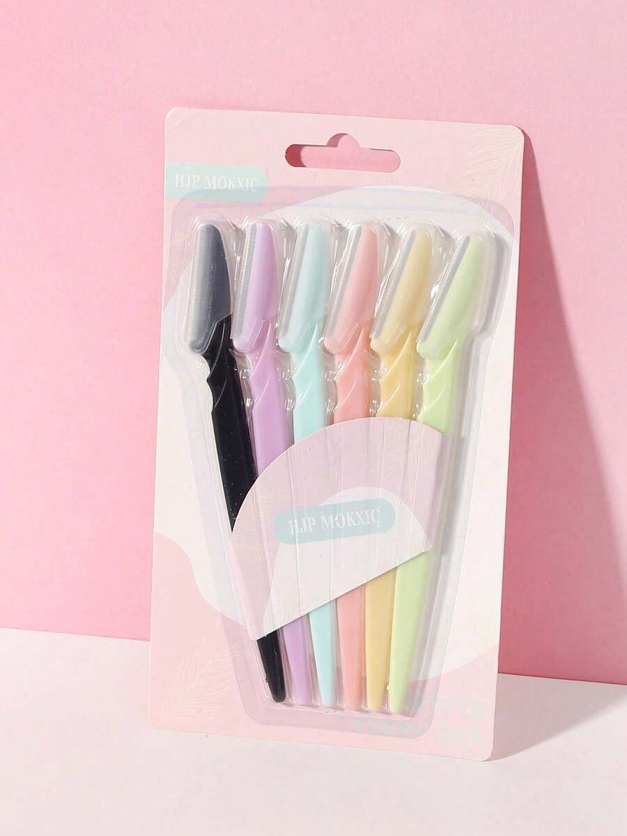 六支装不锈钢眉刀套装，直柄面部毛发修剪器，带安全盖，女士精密美容工具，修容套装，旅行剃须刀，送朋友的礼物 - 彩色 - 查看 1