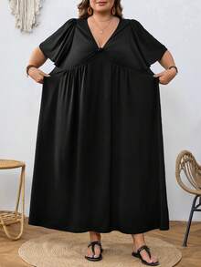 SHEIN CURVE+ Đầm dáng chữ A cổ chữ V thắt eo, cỡ US22, thích hợp cho lễ hội âm nhạc, kỳ nghỉ biển, phong cách bohemian thanh lịch, dài ngang gối, duyên dáng. - màu đen - Xem 4