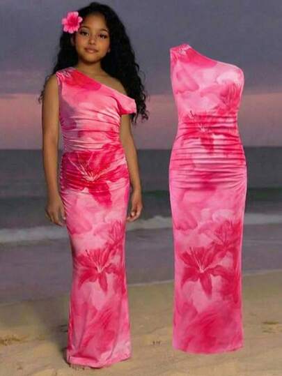 SHEIN Tween Girl Elegant Casual Minimalist Party & Daily Dress, Pink Ombre Lily Flower Pattern, Asymmetric Shoulder Ruched Open Slit Fitted Midi Dress Lilo Dress Teen Girl Dress With One Sleeve Hibiscus Dress Hawaiian Dresses Hawaii Outfits Women