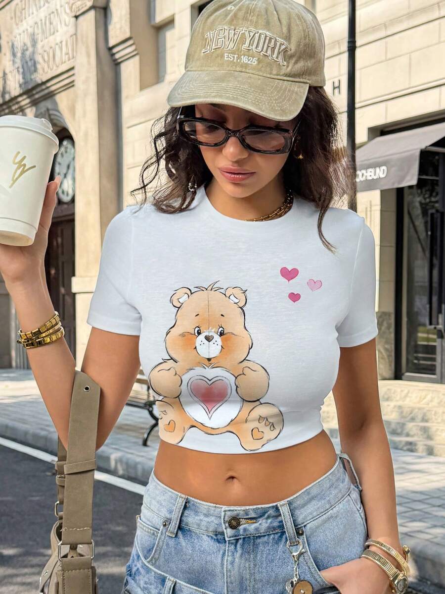 SHEIN X Care Bears 女士圆领短袖休闲修身T恤 - 白色 - 查看 1
