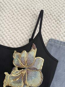 SHEIN EZwear 女士贴花串珠刺绣无袖连体衣，夏季 - 黑色 - 查看 4