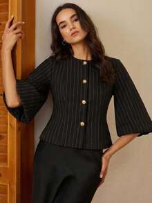 Aveloria Rosie Elegant French Retro Romantic Luxury High-End Design Herringbone Round Neck 3/4 Petal Sleeve Cinched Waist Slim Metal Button Women's Blazer - Black - View 1