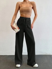 Cottnline Quần dài nữ dáng cao, màu trơn, cạp chun, có dây rút - màu đen - Xem 3
