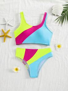 Emery Rose Kids Emery Rose Kids 少女针织撞色泳衣上衣和短裤两件套 - 藍白色 - 查看 4