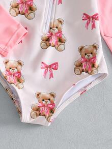 SHEIN Baby Girl Cartoon Bear Print Raglan Sleeve One-Piece Swimsuit With Swim Cap - Pink - View 5