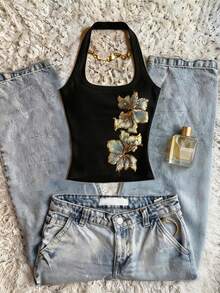 Glimmora Women's Floral Sequin Fashion Halter Neck Camisole - Black - View 3