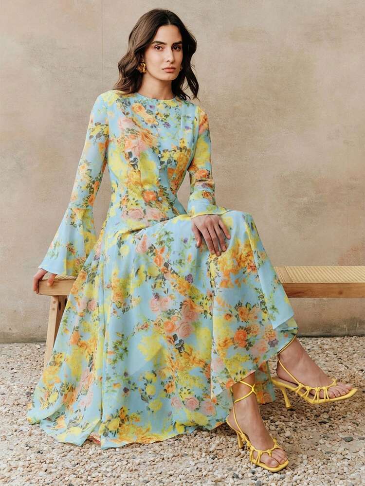 Women's New Spring/Summer Ditsy Floral Yellow Long Sleeve A-Line Flare Sleeve Maxi Elegant Vacation Dress