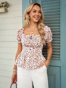 LanaWest 度假休闲碎花花瓣袖衬衫 - 粉色 - 查看 8