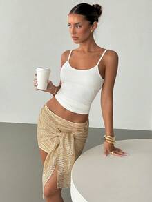 Siren Gaze Women's Shimmering Gold Sequin Mini Skirt With Elegant Front Tie Detail Perfect For Parties, Sparkle Skirt, Sequence Skirt, Gold Skirt, Glitter Skirt, Rhinestone Skirt, Shiny Mini Tight Mesh Sequin Low Waist Party Mini Skirt - Apricot - View 6