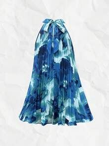 Chiquease Women's Floral Printed Pleated Halter Neck Vacation Dress Vacation Beach Outfit Ocean Dress Blue Skirts For Women Blue Sundresses For Women Blue Spring Dress Blue Flower Dress - Blue - View 2