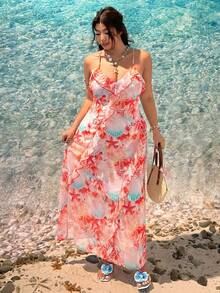 SHEIN EZwear Đầm chiffon cỡ lớn dành cho kỳ nghỉ hè trên đảo, với họa tiết hoa lãng mạn và viền bèo nhún. - Hồng - Xem 6