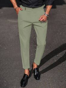 Manfinity Mode Men's Solid Color Pleated Slant Pocket Casual Pants, Formal - Army Green - View 4