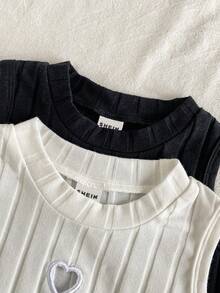 Genkimix Kids Young Girl Summer Casual Solid Color Heart Hollow Ribbed Tank Top - Black and White - View 4