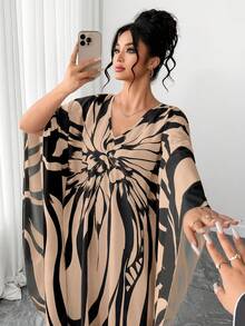 SHEIN Elenzya Đầm Abaya tay cánh dơi cổ chữ V thanh lịch in hoa dành cho nữ cỡ lớn mùa xuân/hè. - Màu Khaki - Xem 5