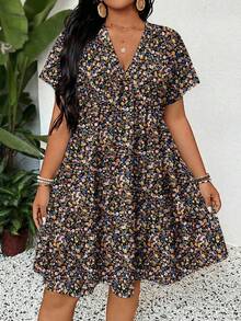 SHEIN LUNE Plus Size Casual Ditsy Floral Dress - Black - View 5