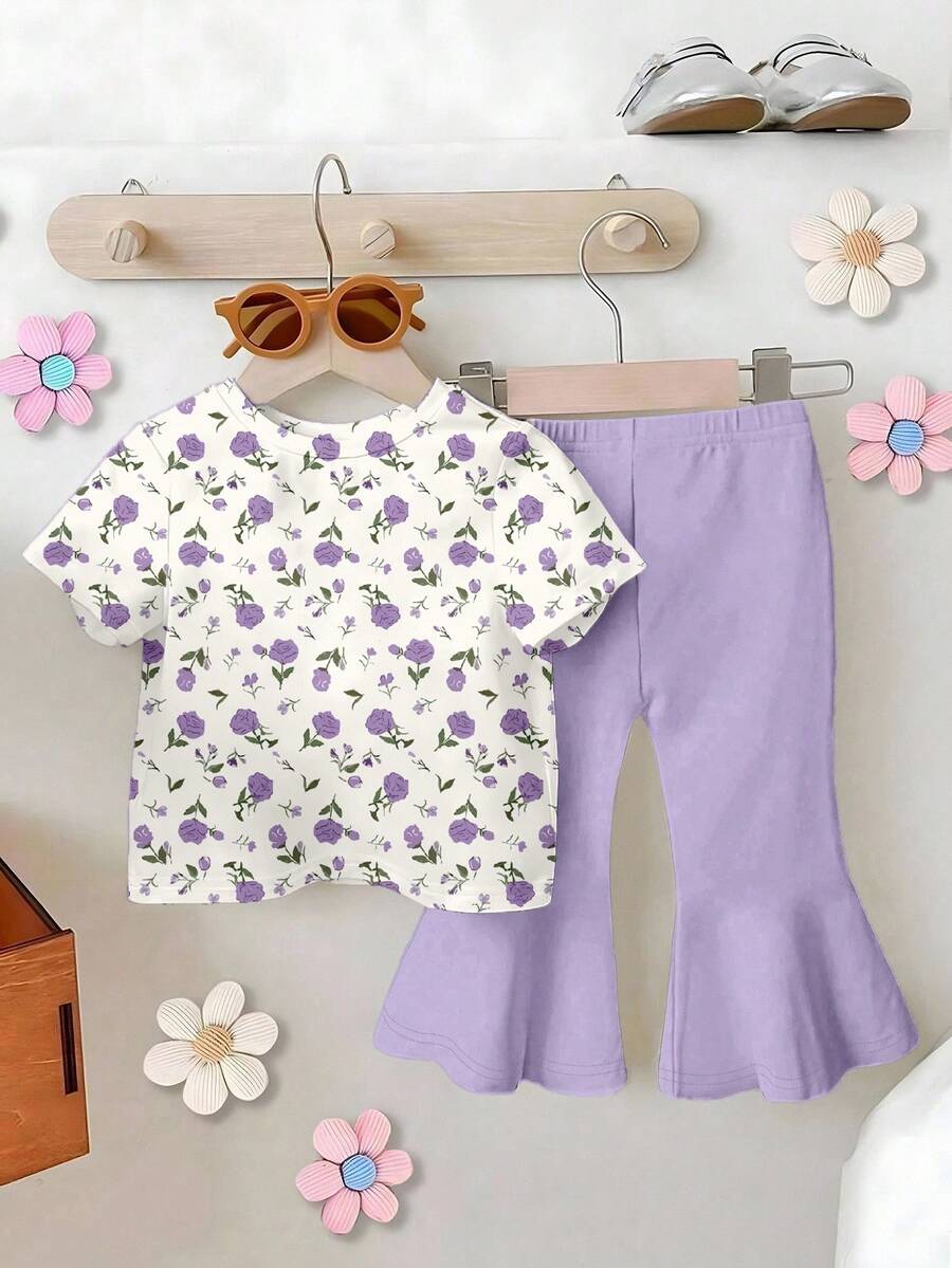 Baby Mädchen lila Blumen Muster Top und lila Glockenbodenhos Set, geeignet für Ausflüge, Urlaub, Frühling, Sommer, Herbst, Winter - Verschiedenfarbig - Übersicht 1