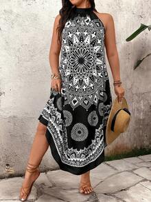 Breezaya Plus Size Women's Spring/Summer Black & White Retro Print Loose Casual Fashion Halter Maxi Dress, Stand Collar, Asymmetric Hem, Commute & Daily Wear - Multicolor - View 3