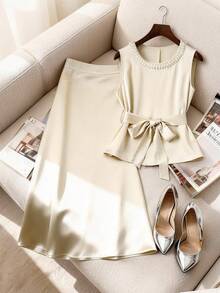 SHEIN ChicEase Conjunto elegante francés de 2 piezas con cuello de perlas/Drapeado de satén/Cinturón con lazo en la cintura/Para ir al trabajo/Para fiestas - Albaricoque - Ver 3
