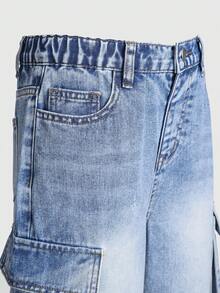 Quần short Bermuda denim ống đứng nhiều túi phong cách Y2K dành cho bé gái tuổi teen, quần short jeans cạp cao dáng rộng thoải mái, màu xanh trung bình + hiệu ứng mài rách, chất liệu denim cotton thoải mái, phù hợp cho mặc hàng ngày, đi nghỉ mát, đi học, đi làm. - Rửa trung bình - Xem 6