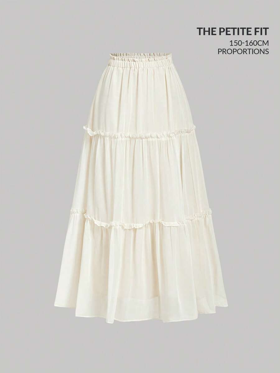 SHEIN MOD Petite Ruffle Skirt Boho Long Skirt Break Paperbag Waist Frill Trim Ruffle Hem Skirt - Apricot - View 1