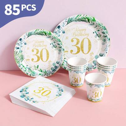 30th Leaf Edge Disposable Plates, Napkins And Cups Set, Serves 20 Guests. This Disposable Party Supplies Set (Including Plates, Napkins And Cups) Is Perfect For Birthday Parties, Weddings And Family Picnics.