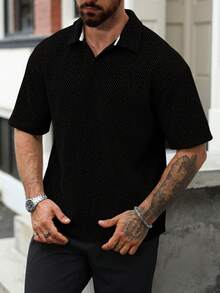 Manfinity Homme Áo polo nam cỡ lớn kẻ sọc đen và be, kiểu dáng thường ngày. - màu đen - Xem 4