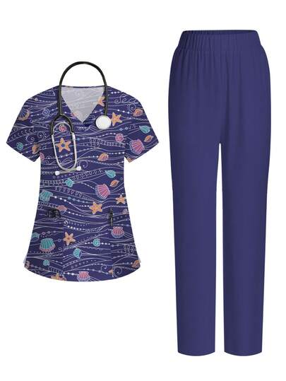 PopScrub Starfish, Shell And Conch Striped Graphic Cartoon Print Purple V-Neck Short Sleeve Pocket Hanging Ear Design 2-Piece Set For Women, Spring/Summer Nurse Uniform, Pants Casual Suit, Uniform Set