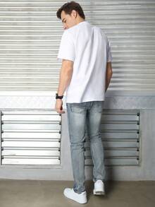 Logeqi® Jeans Rectos de estilo Rockero Vaqueros Lavados Rectos desgastados Casual Formal con Bolsos De Hombre - Azul - Ver 9