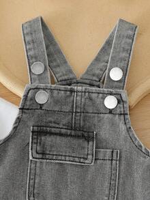 SHEIN Baby Boy White T-Shirt Paired With Denim Overalls, Suitable For Outdoor Play In Spring/Summer - Grey - View 7