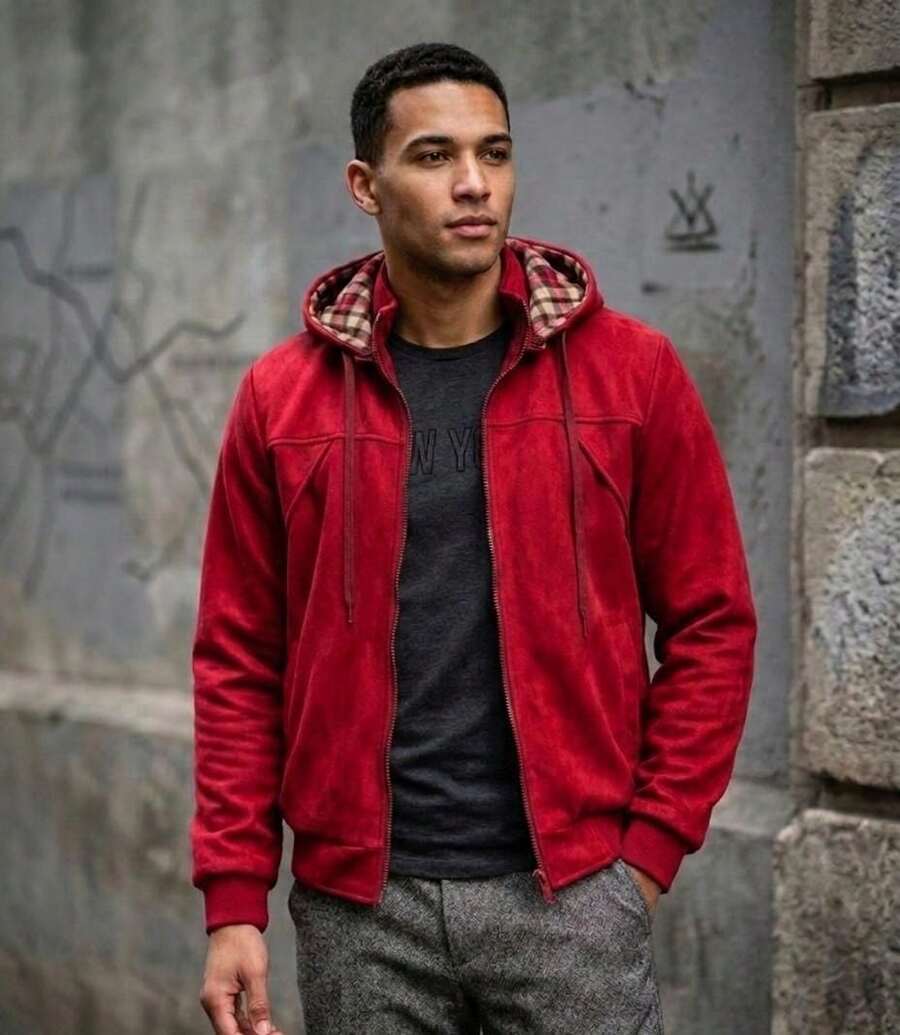 Chamarra para Caballero Exterior Afelpado con Gorro Bolsillos Laterales Otoño Invierno - Rojo - Ver 1
