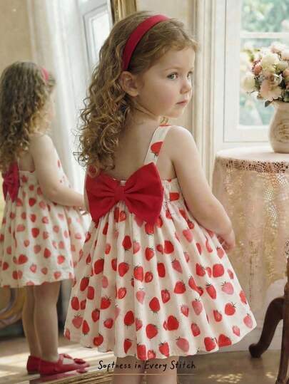 Cozy Pixies Baby Girl Strawberry Print Ruffle Bow Decor Casual Daily Party Dress
