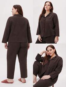 LUVLETTE Plus Size Soft Brushed Cotton Basic PJ Set Women's Lounge Set Cotton Pajamas - Coffee Brown - View 2