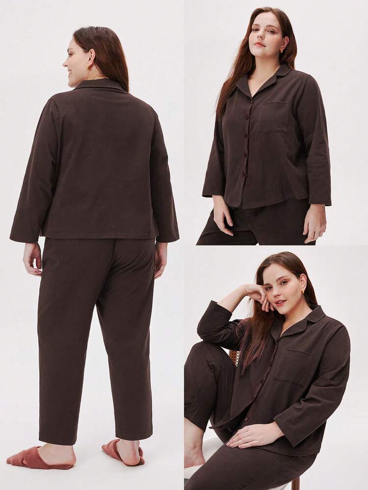 Conjunto de Pijama Básico de Algodão Escovado Macio Plus Size, Conjunto de Loungewear Feminino, Pijamas de Outono