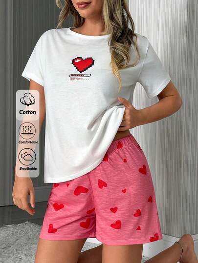 SHEIN Cotton Line Women Heart Rate Printed Short Sleeve Round Neck Top And Heart Printed Shorts 2 Pieces Pajama Set
